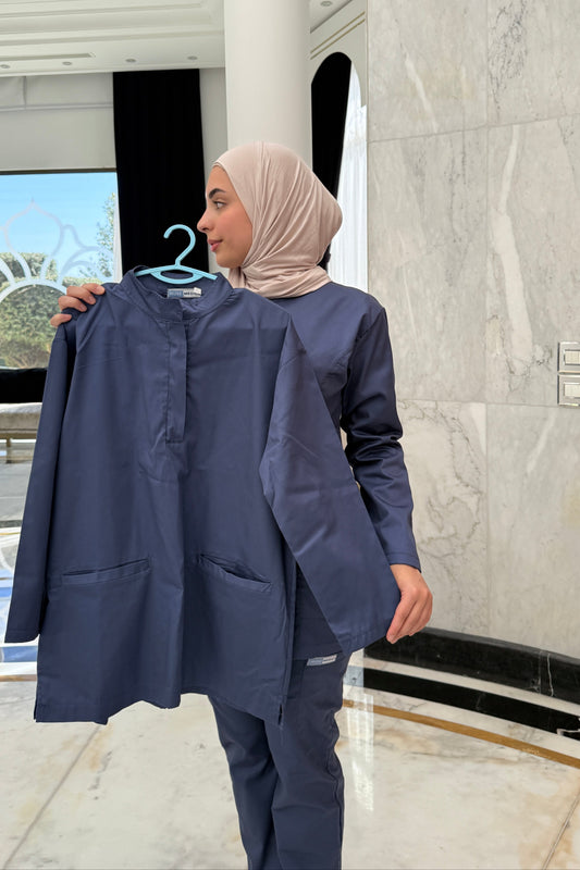 The Long-Sleeve Oversized Medical Scrubs in Denim Blue