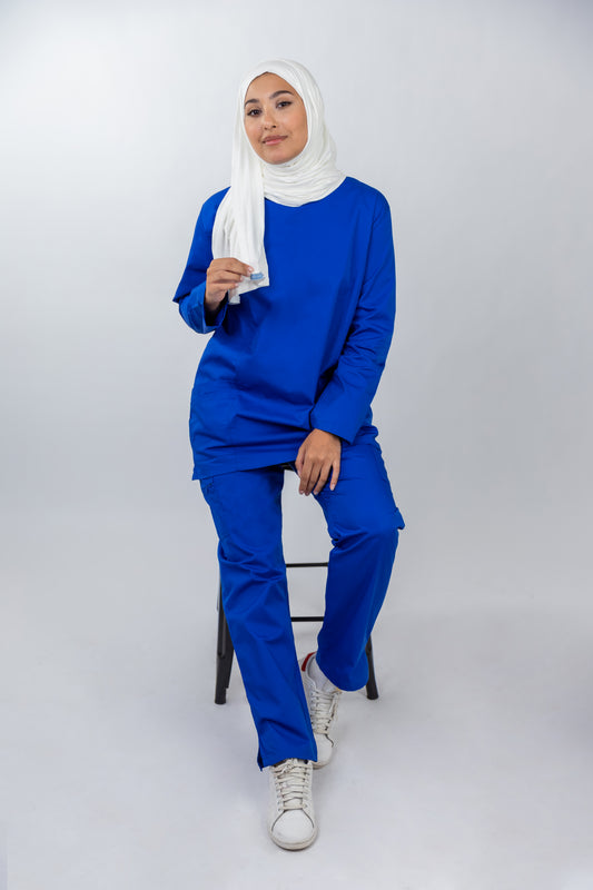 The Long-Sleeve Slim Fit Medical Scrubs in Sapphire Blue