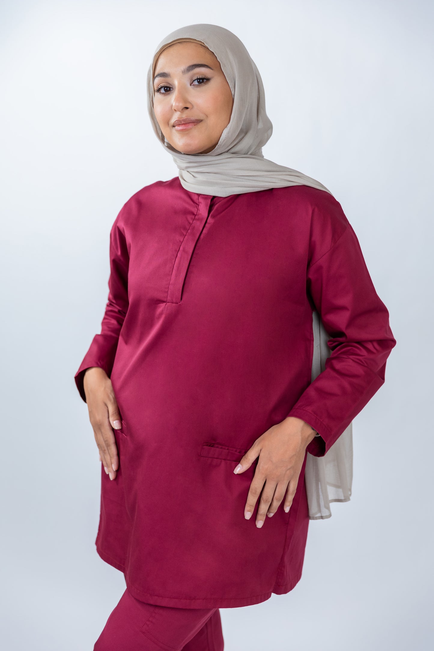 The Long-Sleeve Oversized Medical Scrubs in Ruby Red