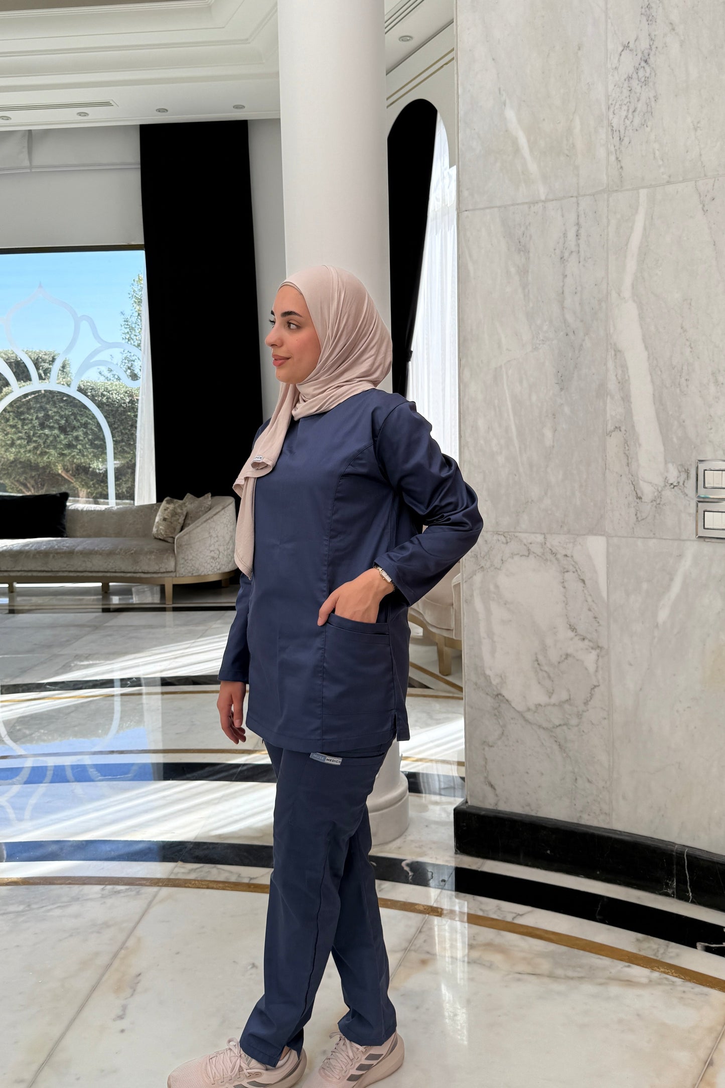 The Long-Sleeve Slim Fit Medical Scrubs in Denim Blue