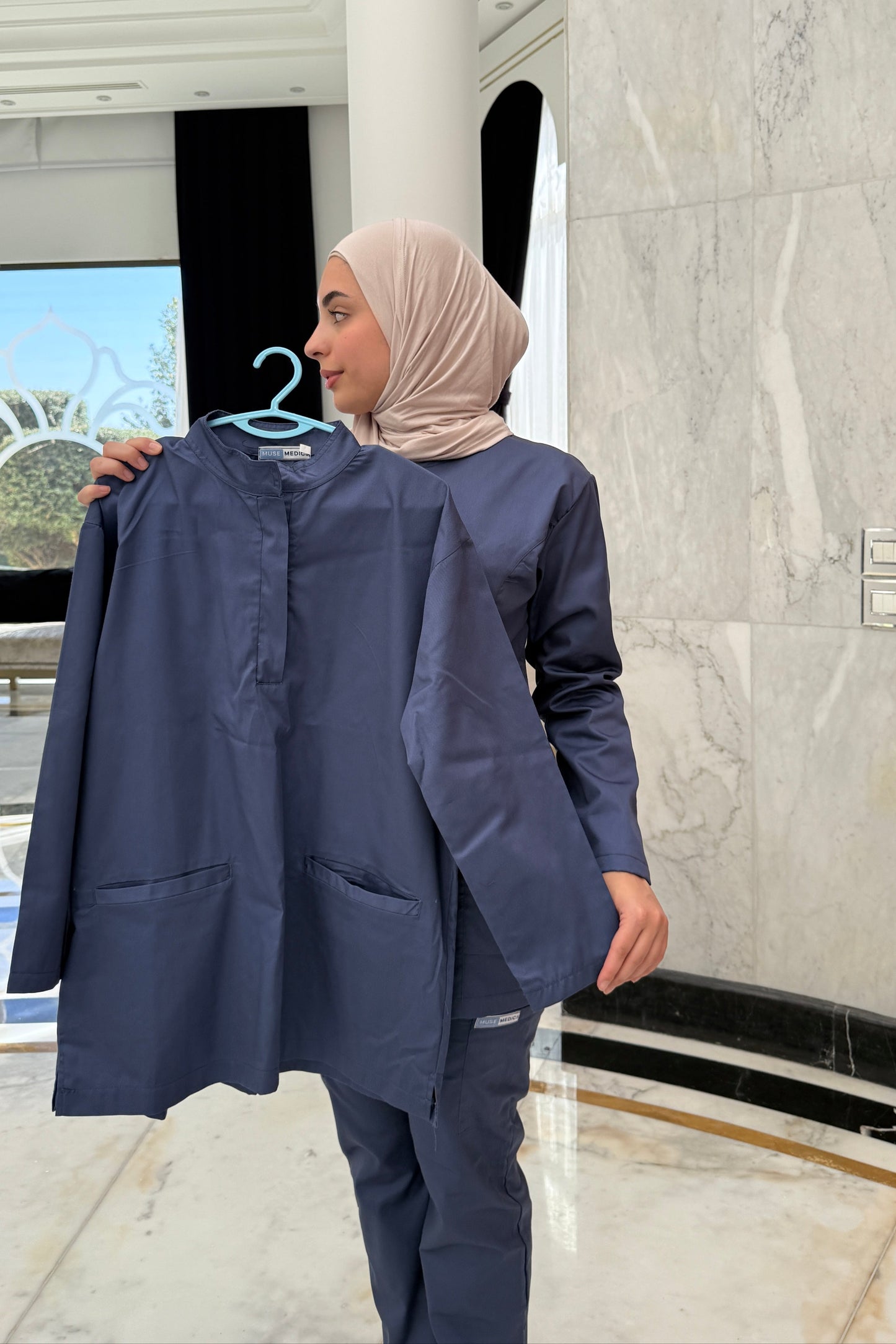 The Long-Sleeve Oversized Medical Scrubs in Denim Blue