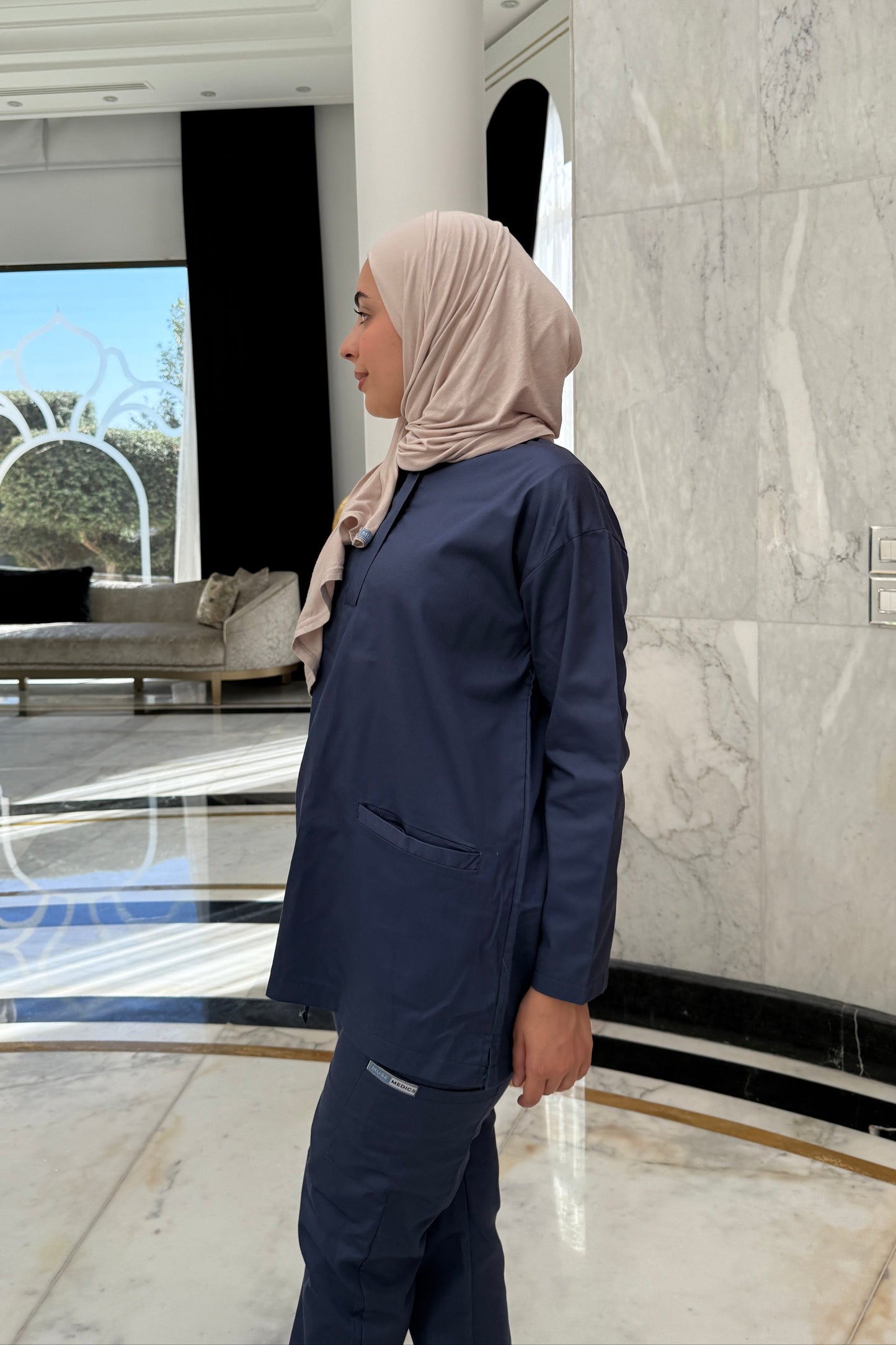 The Long-Sleeve Oversized Medical Scrubs in Denim Blue