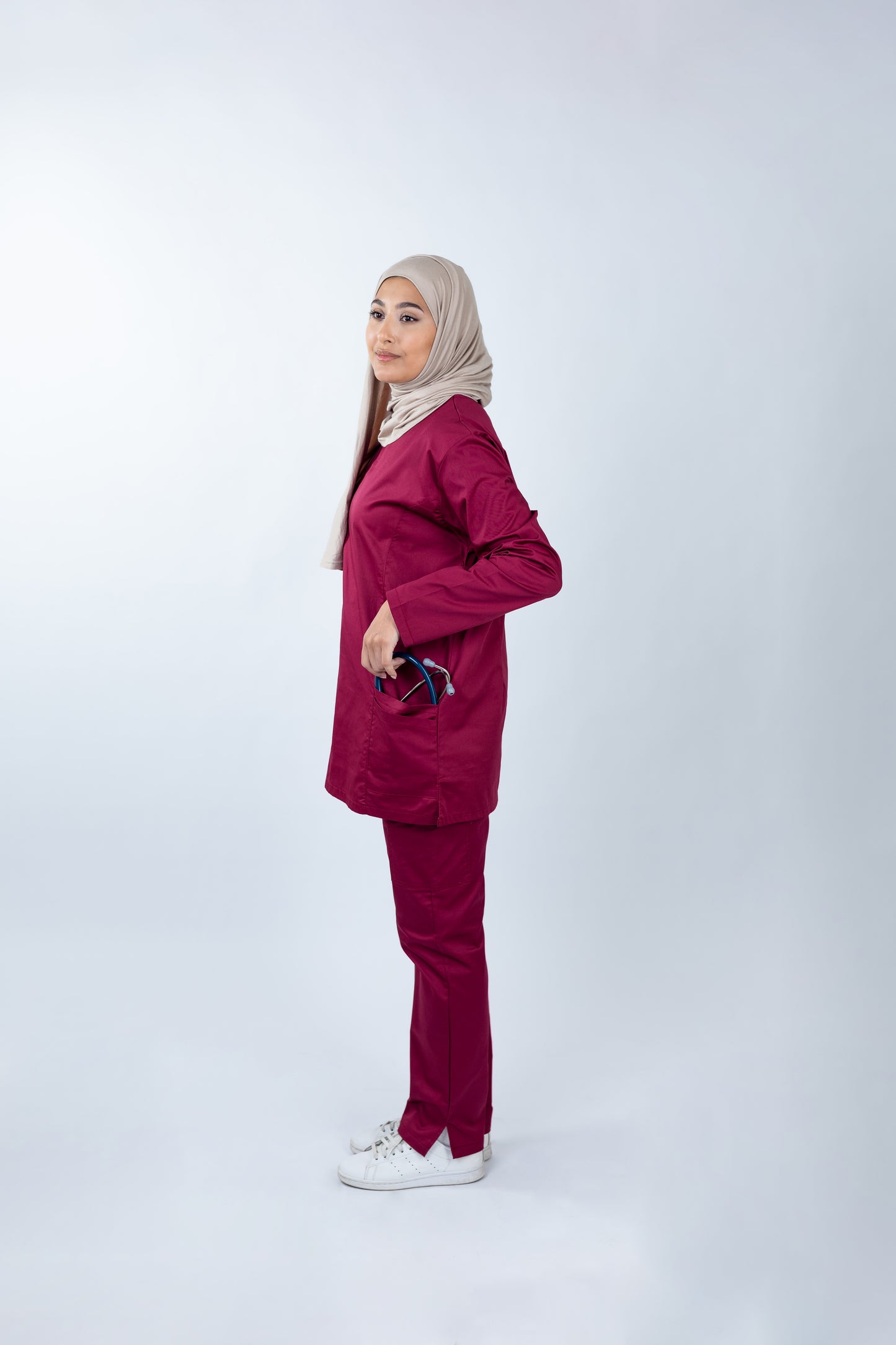 The Long-Sleeve Slim Fit Medical Scrubs in Ruby Red