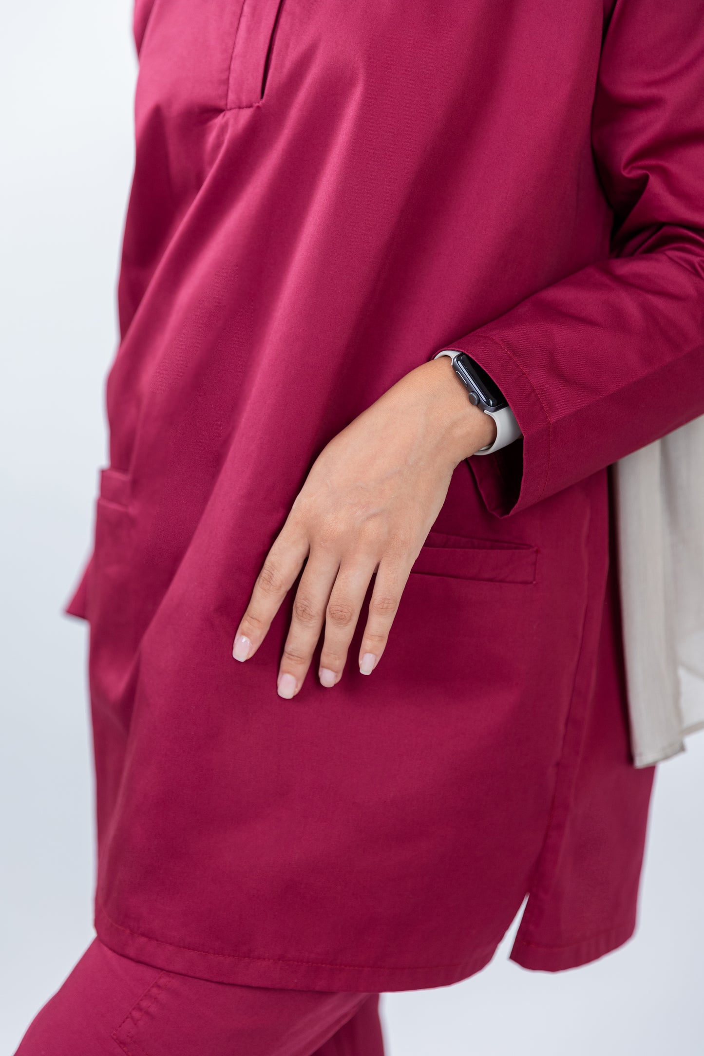 The Long-Sleeve Oversized Medical Scrubs in Ruby Red