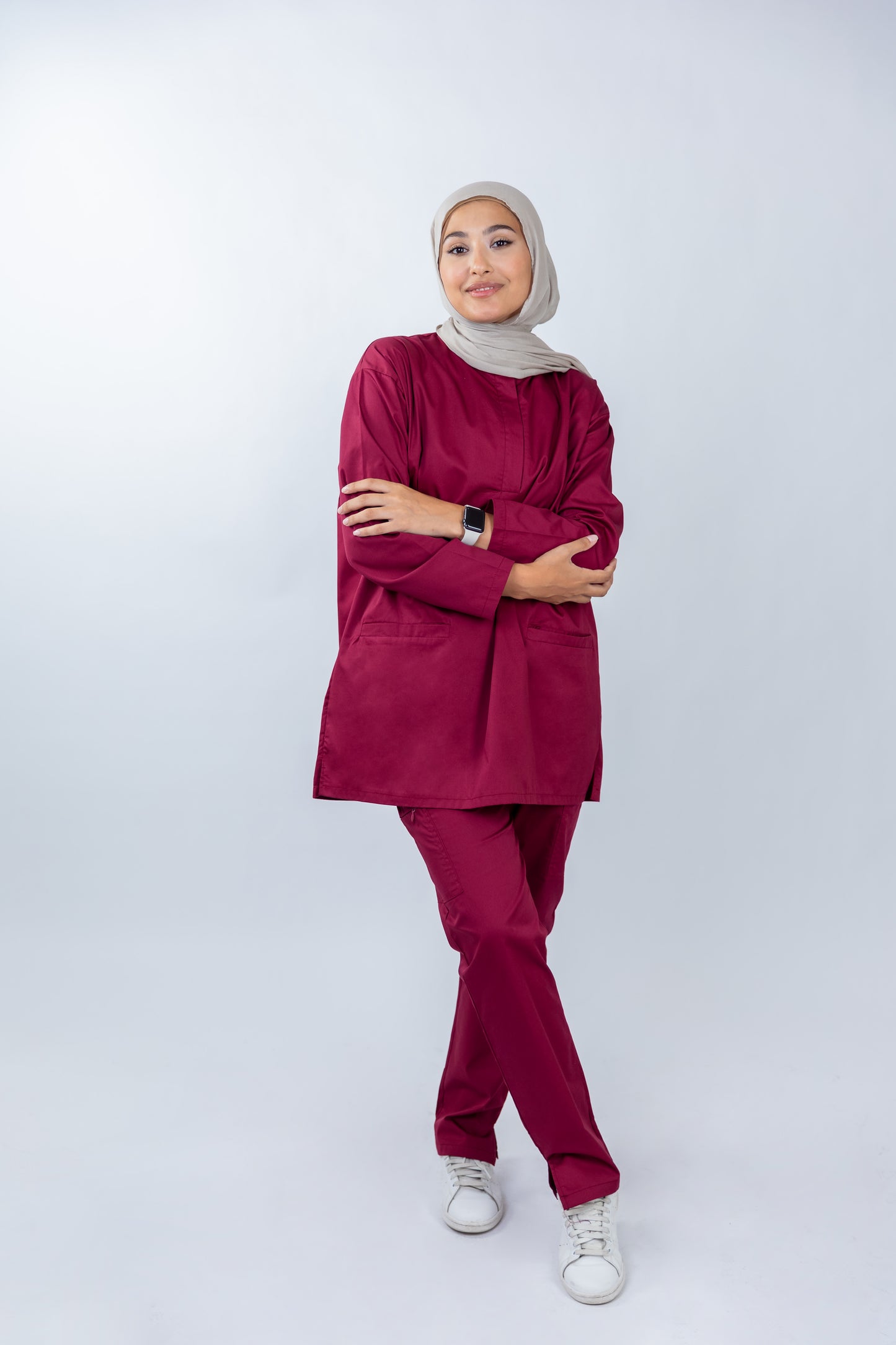 The Long-Sleeve Oversized Medical Scrubs in Ruby Red