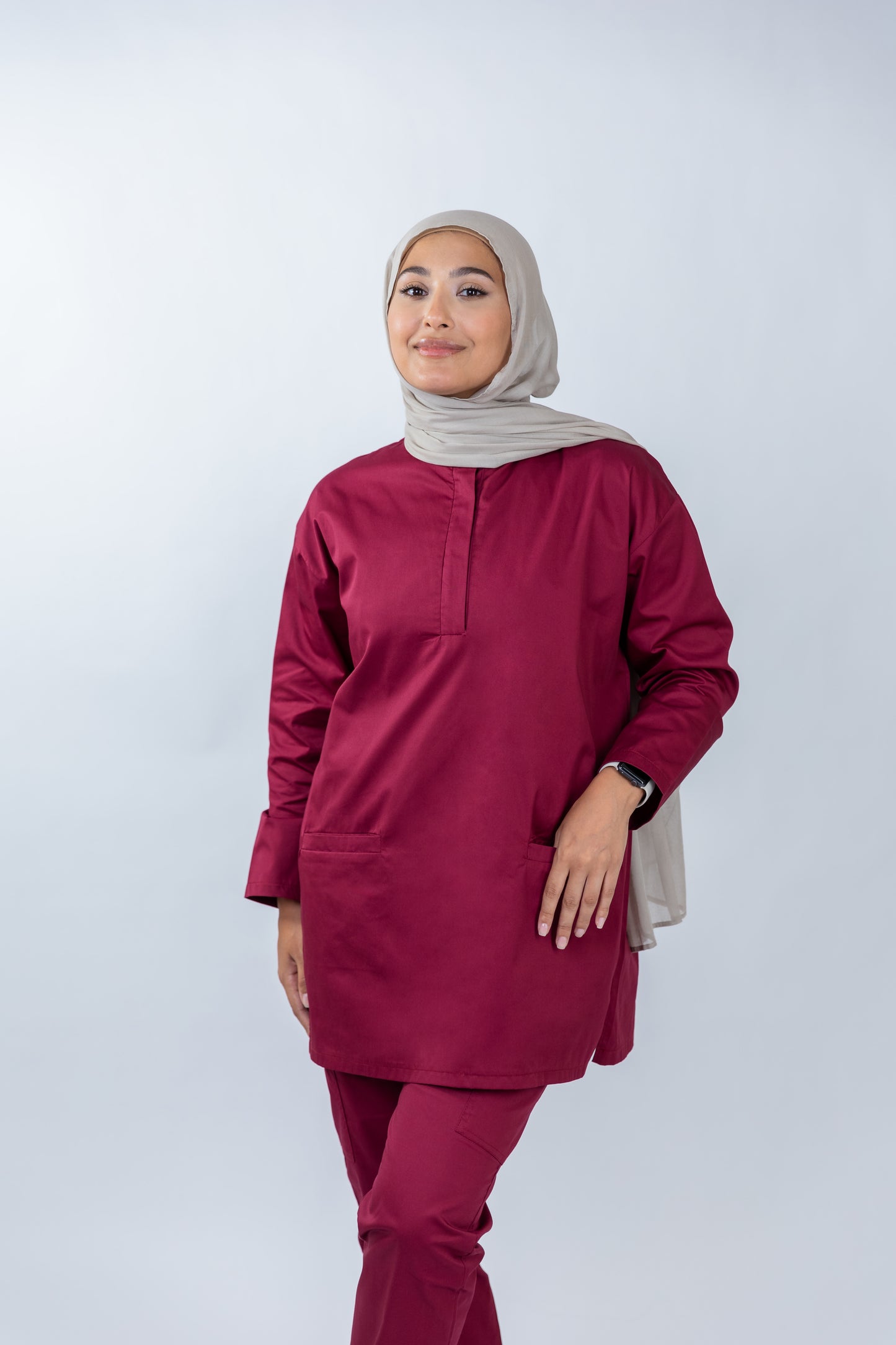 The Long-Sleeve Oversized Medical Scrubs in Ruby Red