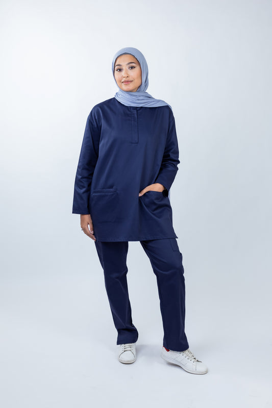 The Long-Sleeve Oversized Medical Scrubs in Navy Blue