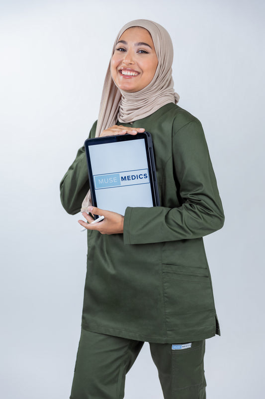 The Long-Sleeve Slim Fit Medical Scrubs in Army Green