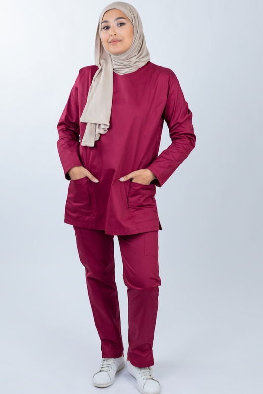 The Long-Sleeve Slim Fit Medical Scrubs in Ruby Red